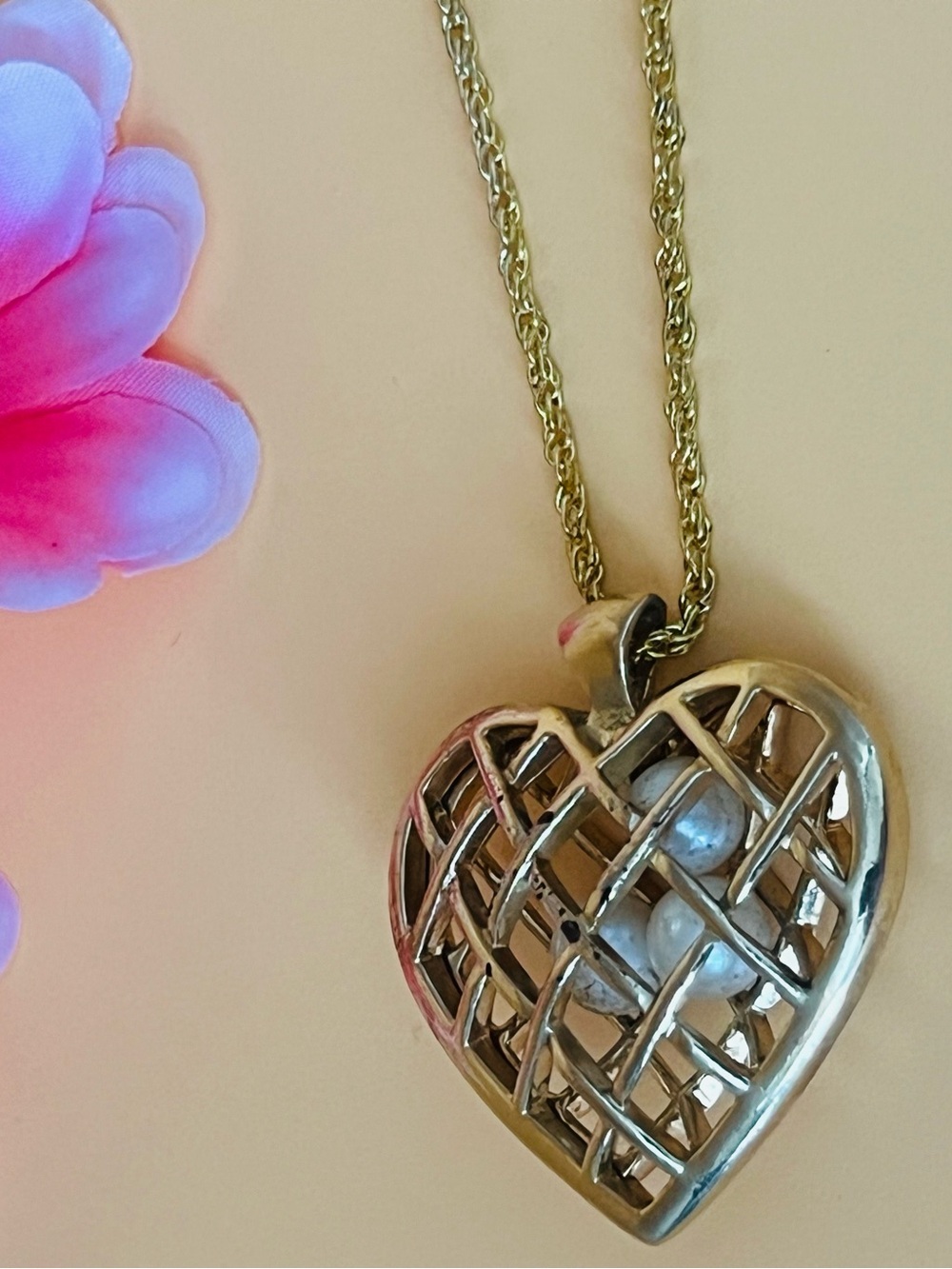 Avon Vintage Heart Necklace Pendant Antiqued Gold Caged Pearl Signed 1980s